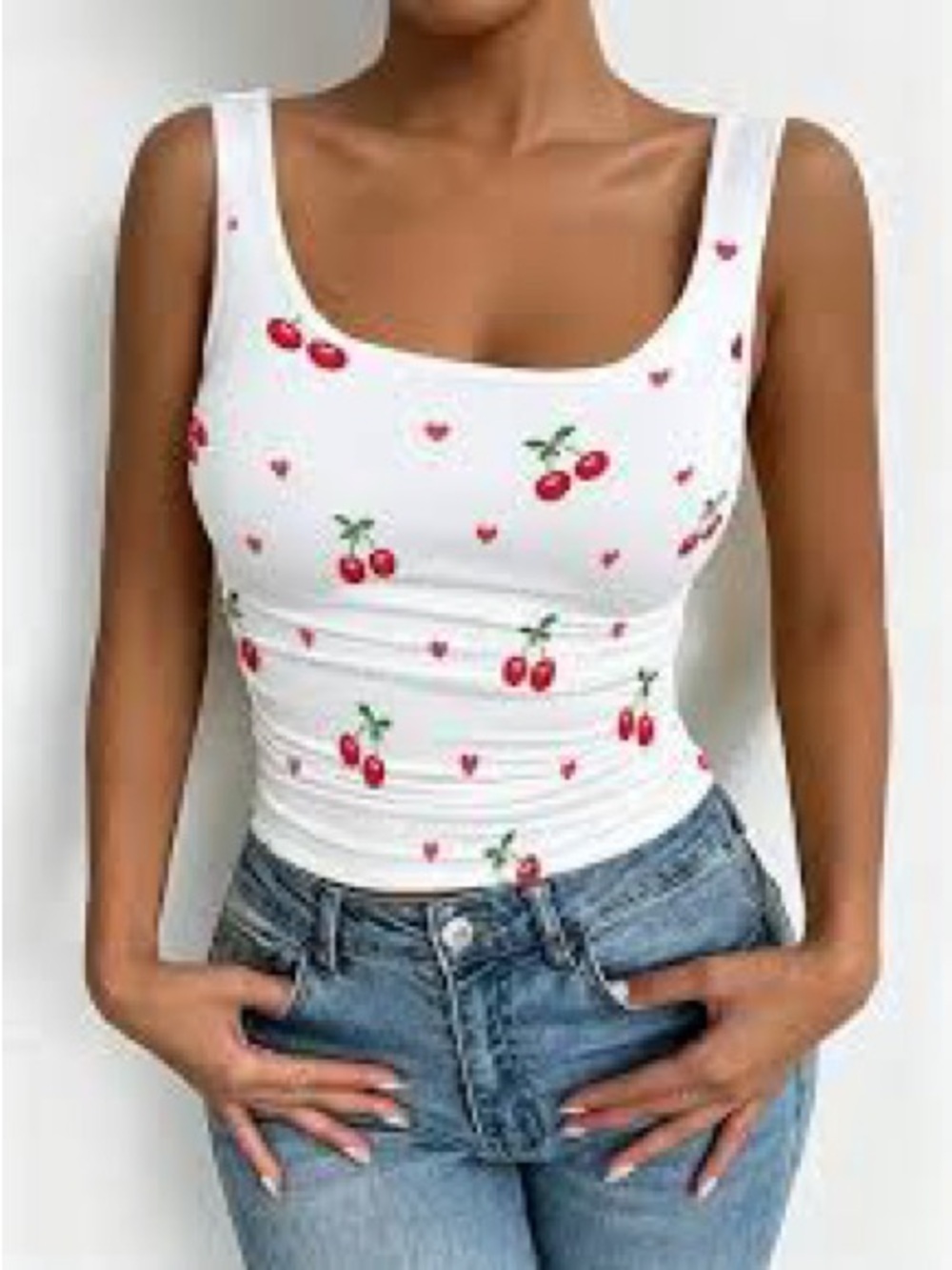 Cherry Print White Tank Top - Women's Cute Scoop Neck